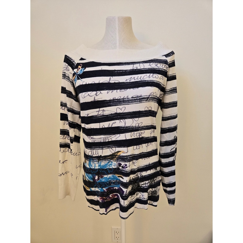 Desigual Striped Script Knit Sweater Large Sequined Floral Boat‎ Neck